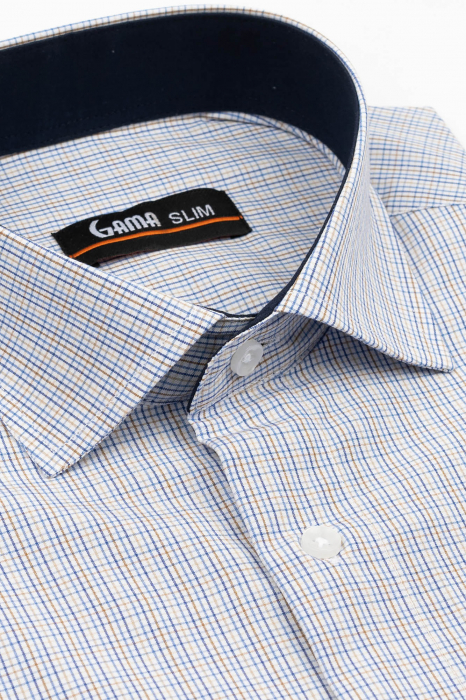 Camasa barbati slim fit alba cu carouri bleumarin si maro [3]