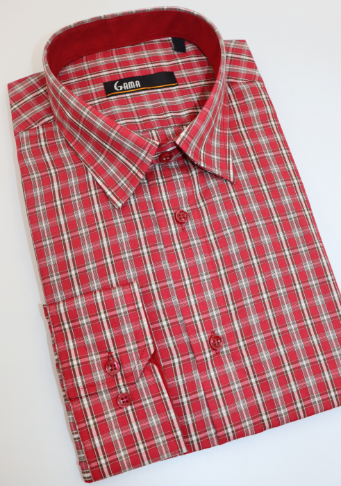 Camasa barbati slim fit rosie cu carouri albe si maro [3]