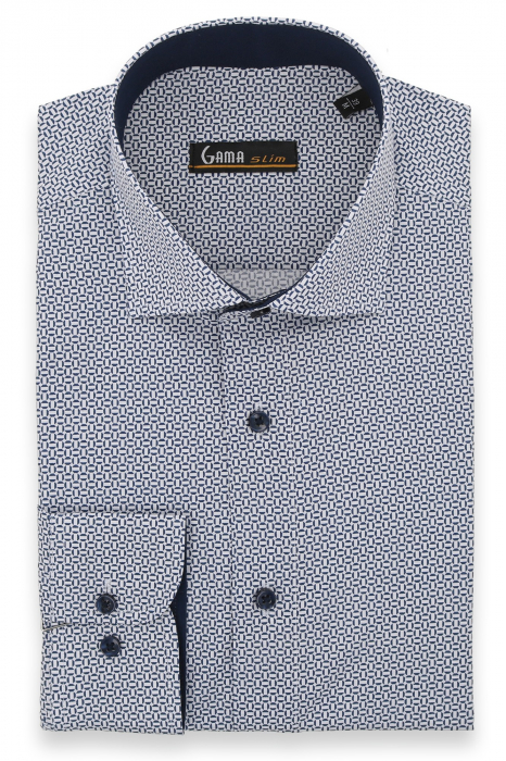 Camasa casual slim fit alba cu imprimeuri bleumarin geometrice [2]