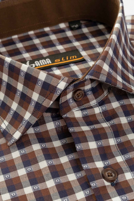 Camasa cu maneca lunga slim maro cu carouri [2]