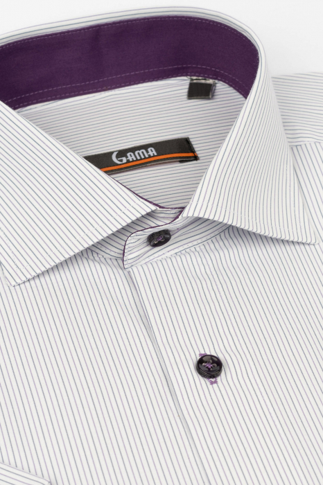 Camasa cu maneca scurta regular alba cu dungi bleumarin si lila [2]