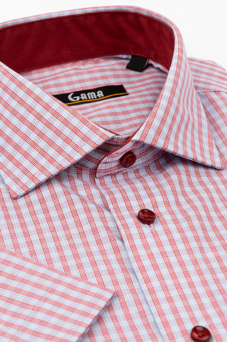 Camasa cu maneca scurta regular fit cu carouri lila si rosii [2]