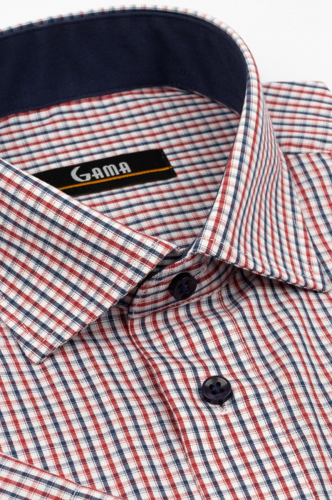 Camasa cu maneca scurta regular fit alba cu carouri rosii si  bleumarin [2]