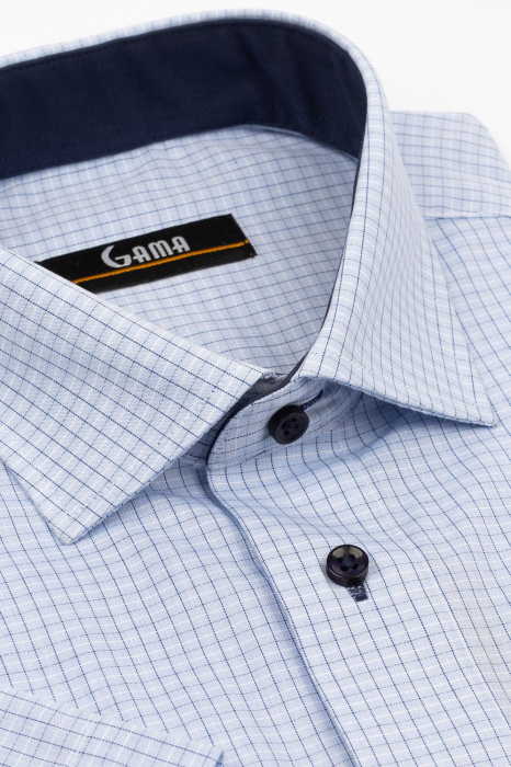 Camasa cu maneca scurta regular fit bleu cu carouri albe si  bleumarin [2]