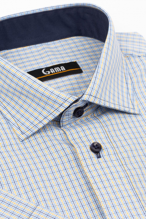Camasa cu maneca scurta regular fit bleu cu carouri galbene si bleumarin [2]