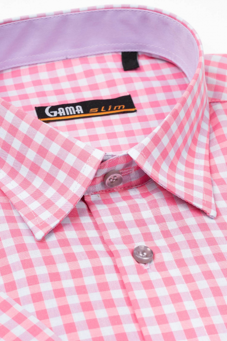 Camasa maneca scurta slim roz cu carouri gri [2]