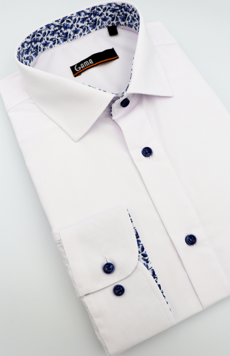 Camasa slim fit alba cu insertie florala bleumarin la guler [3]