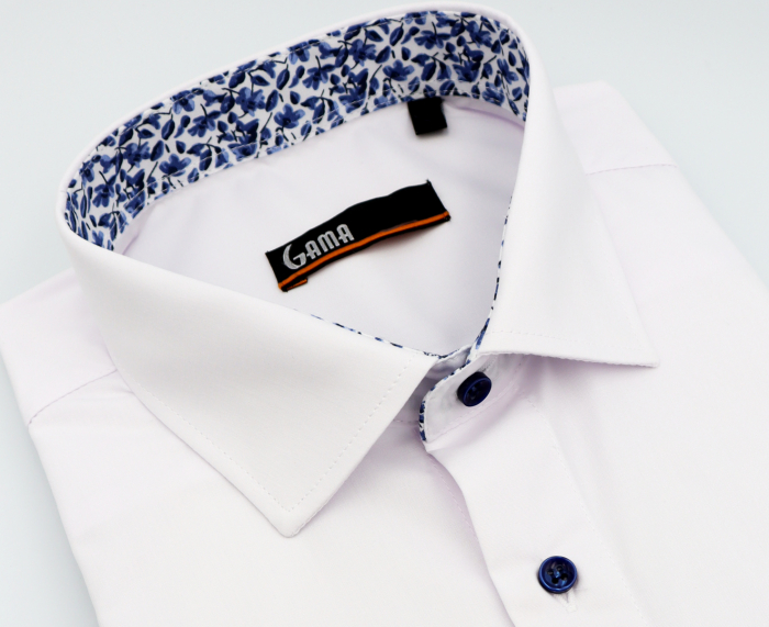 Camasa slim fit alba cu insertie florala bleumarin la guler [4]