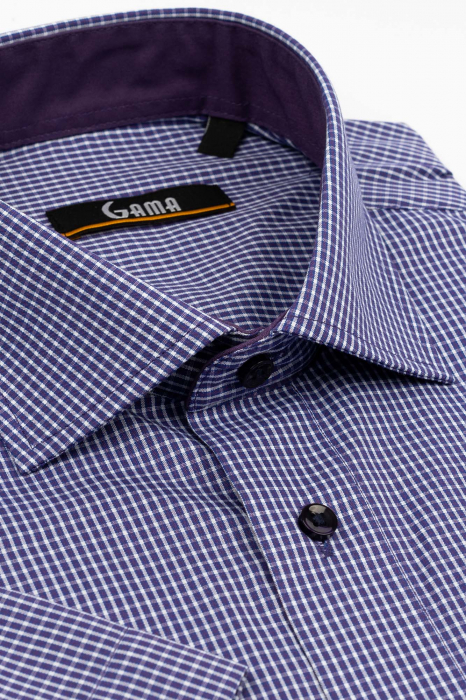 Camasa regular fit  cu maneca scurta mov cu carouri albe [2]