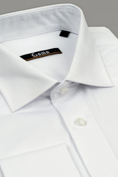 Camasa regular fit alba cu model in tesatura si manseta dubla [6]