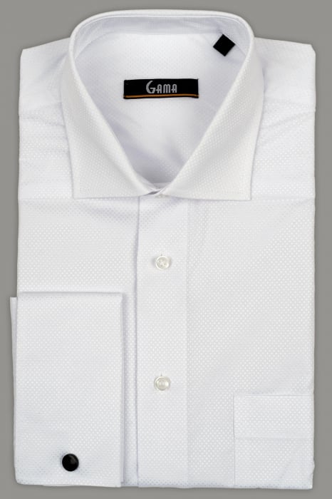Camasa regular fit alba cu model in tesatura si manseta dubla [4]