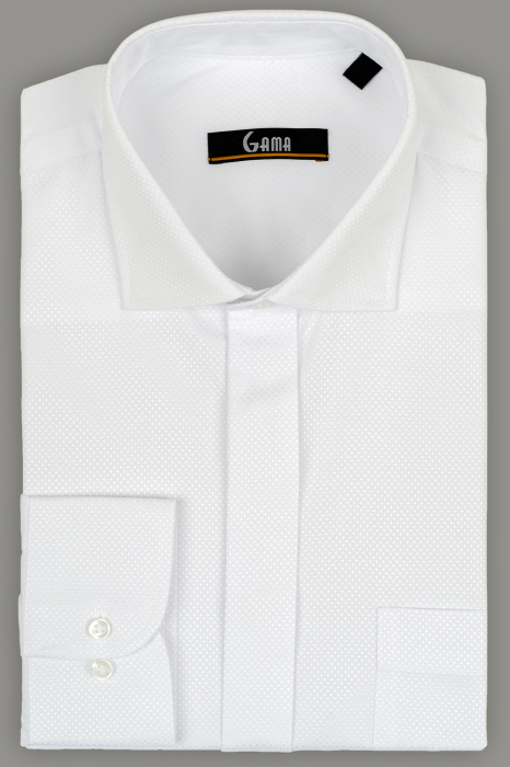 Camasa regular fit alba cu model in tesatura si nasturi ascunsi [1]