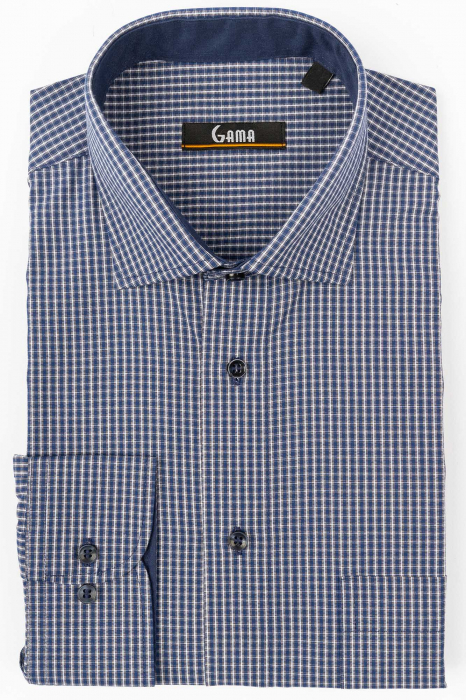 Camasa regular maneca lunga bleumarin cu carouri gri 3XL-4XL