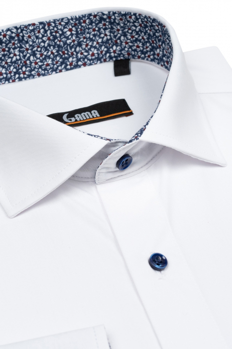 Camasa slim fit alba cu insertie bleumarin cu flori la guler [2]
