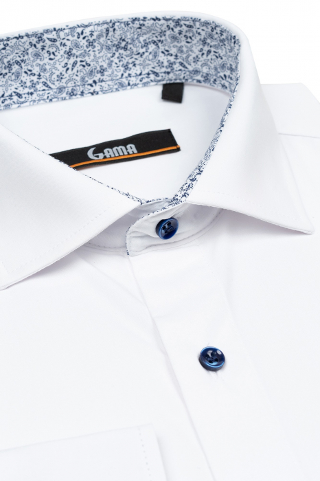 Camasa slim alba cu insertie bleumarin cu paisley la guler [2]
