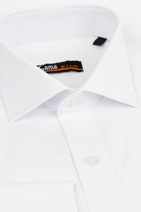 Camasa slim fit alba cu model in tesatura si manseta dubla [2]