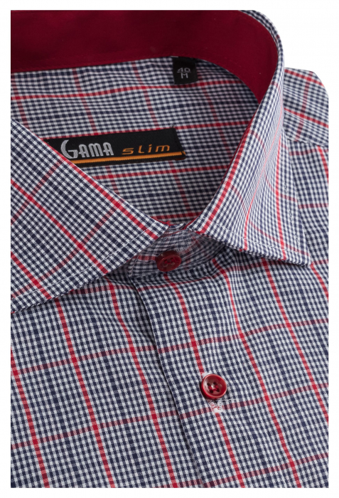 Camasa slim fit bleumarin cu carouri rosii [2]