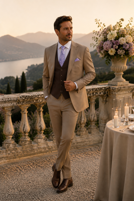 Costum barbati slim fit bej-maro cu vesta reversibila [8]