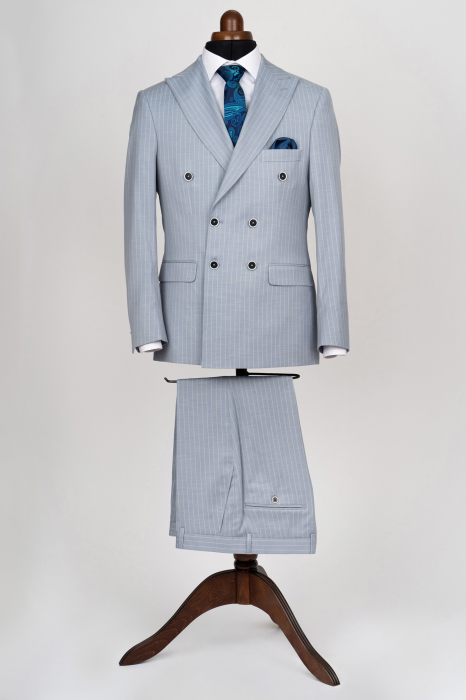 Costum barbati slim fit bleu-dungi cu doua randuri de nasturi [4]
