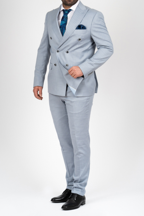 Costum barbati slim fit bleu-dungi cu doua randuri de nasturi [3]