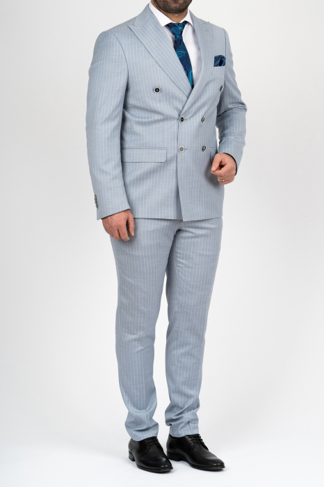 Costum barbati slim fit bleu-dungi cu doua randuri de nasturi [2]