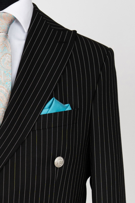 Costum barbati slim fit negru cu dungi albe si doua randuri de nasturi [4]