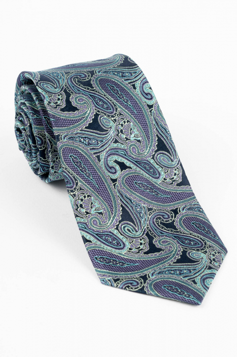 Cravata din matase naturala bleumarin cu model paisley turcoaz si mov [1]