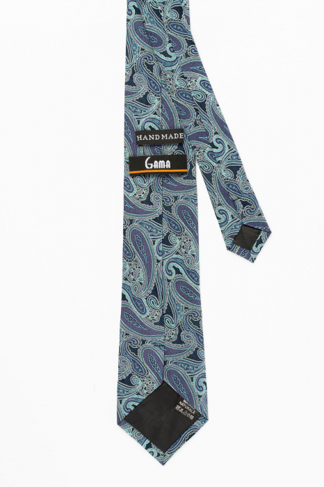 Cravata din matase naturala bleumarin cu model paisley turcoaz si mov [3]