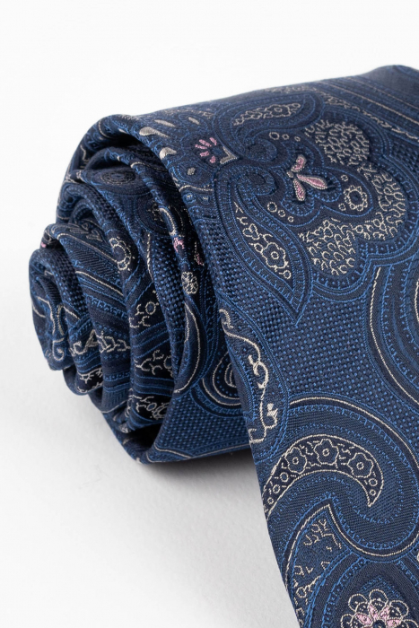 Cravata din matase naturala bleumarin cu model floral argintiu si roz [2]