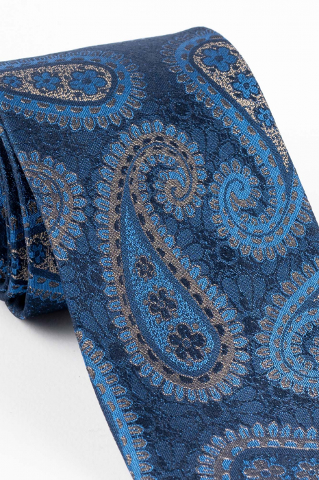 Cravata din matase naturala bleumarin cu model paisley albastru si gri [2]