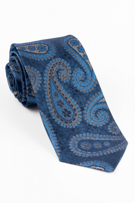 Cravata din matase naturala bleumarin cu model paisley albastru si gri [1]