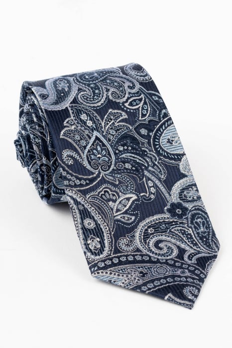 Cravata din matase naturala bleumarin cu model paisley bleu si alb [1]