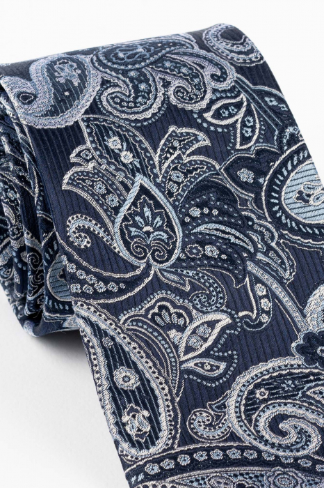 Cravata din matase naturala bleumarin cu model paisley bleu si alb [2]