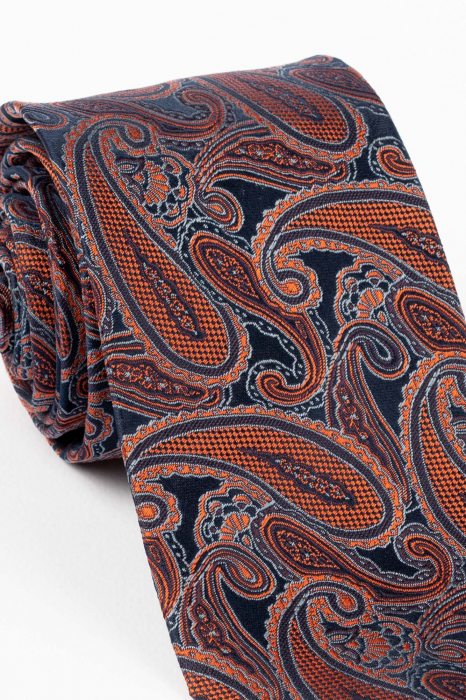 Cravata din matase naturala bleumarin cu model paisley caramiziu [2]