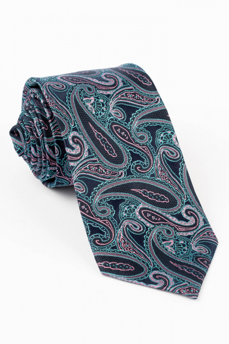 Cravata din matase naturala bleumarin cu model paisley turcoaz si roz [1]