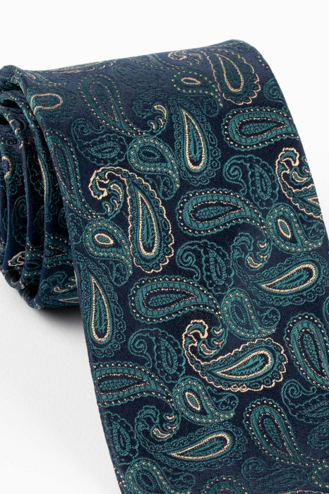 Cravata din matase naturala bleumarin cu model paisley verde si crem [2]