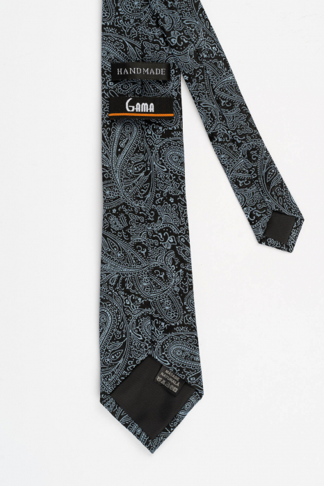 Cravata din matase naturala neagra cu model paisley bleu [3]