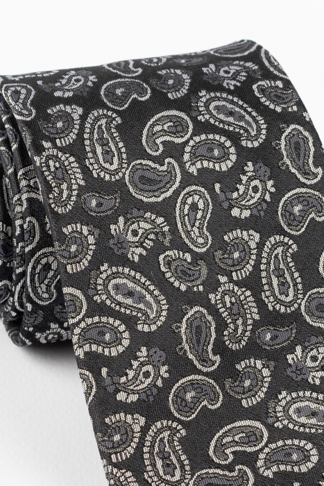 Cravata din matase naturala neagra cu model paisley gri [2]