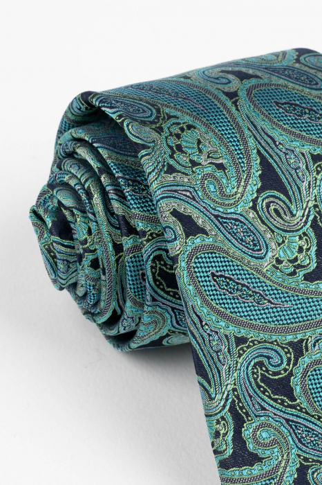Cravata din matase naturala neagra cu model paisley turcoaz [2]