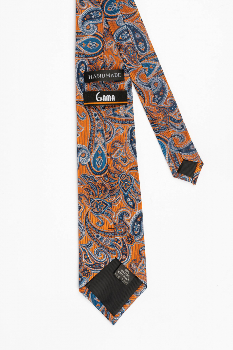 Cravata din matase naturala portocalie cu model paisley argintiu si albastru [3]