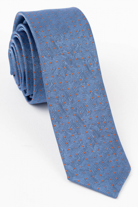 Cravata ingusta albastra cu picouri portocalii