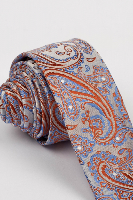 Cravata ingusta argintie cu paisley bleu [2]