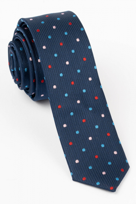 Cravata ingusta bleumarin cu buline colorate