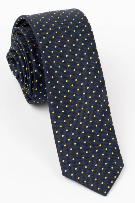 Cravata ingusta bleumarin cu picouri galbene
