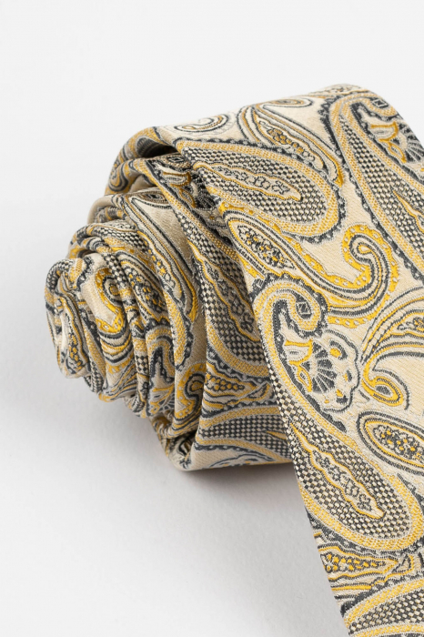 Cravata ingusta galben pal  cu imprimeu paisley auriu si bleumarin [2]