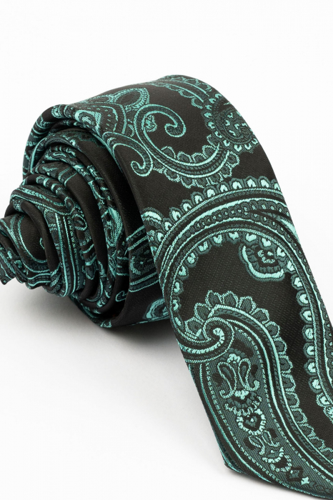 Cravata ingusta neagra cu imprimeu floral verde [2]