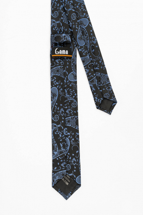 Cravata ingusta neagra cu imprimeu paisley albastru [3]
