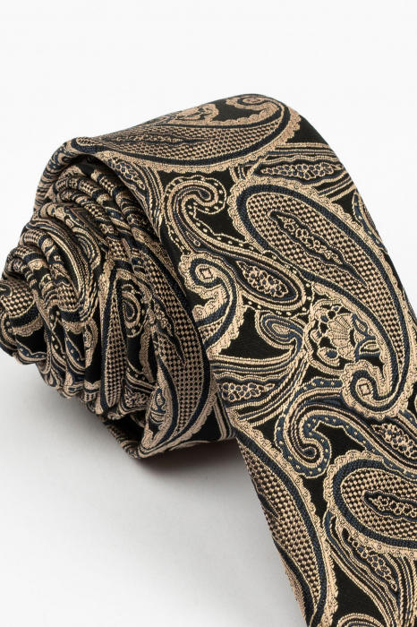 Cravata ingusta neagra  cu imprimeu paisley cappuccino [2]