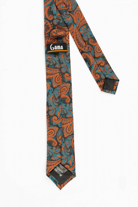 Cravata ingusta neagra cu imprimeu paisley ruginiu si albastru petrol [3]