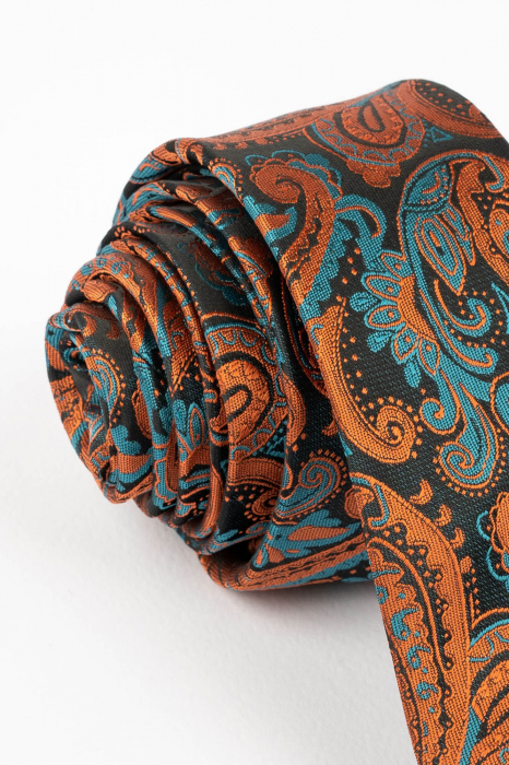 Cravata ingusta neagra cu imprimeu paisley ruginiu si albastru petrol [2]